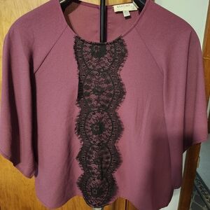 ATELIER Purple Sheer 1/4 Open Flowy Sleeves Black Lace Front Top Size S
